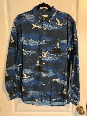Men's Dark Blue Nautical Print Button-Down Shirt